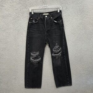 Levis Jeans Women 27x27 Black Denim Ribcage Straight Ankle Button Fly Distressed